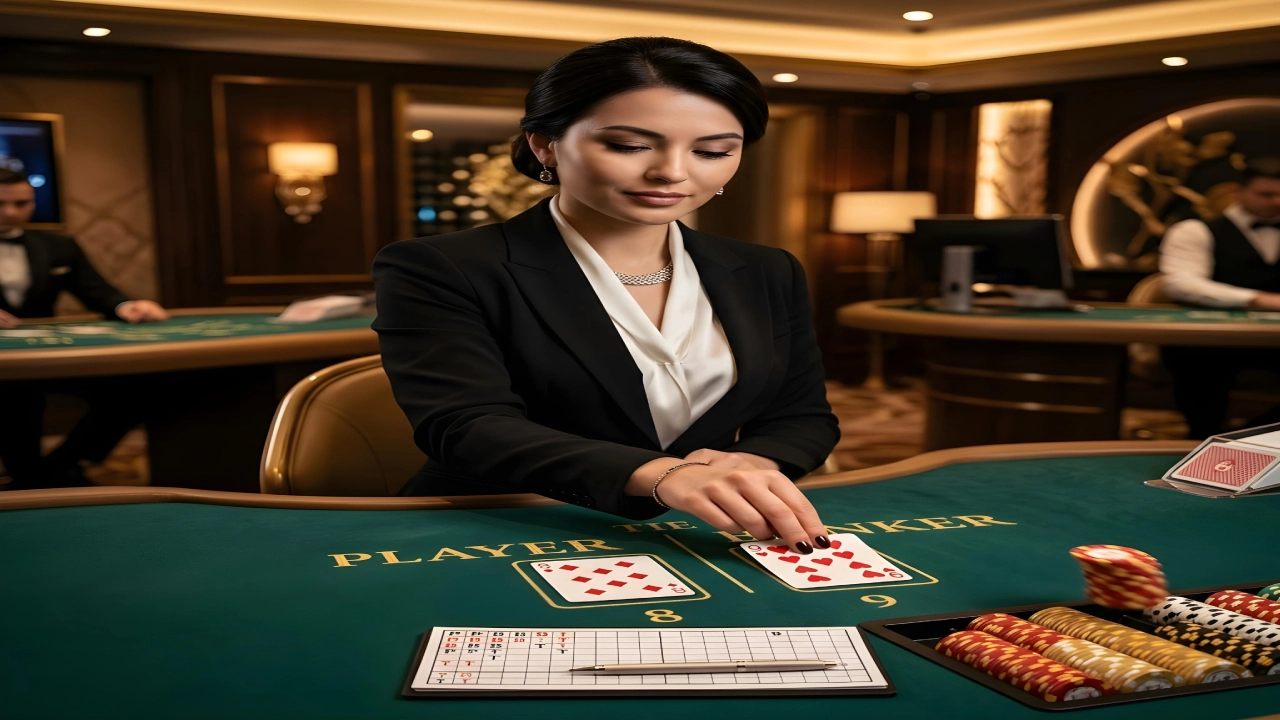 Casino dealer dealing cards at baccarat table with chips and scorecard in a luxury casino