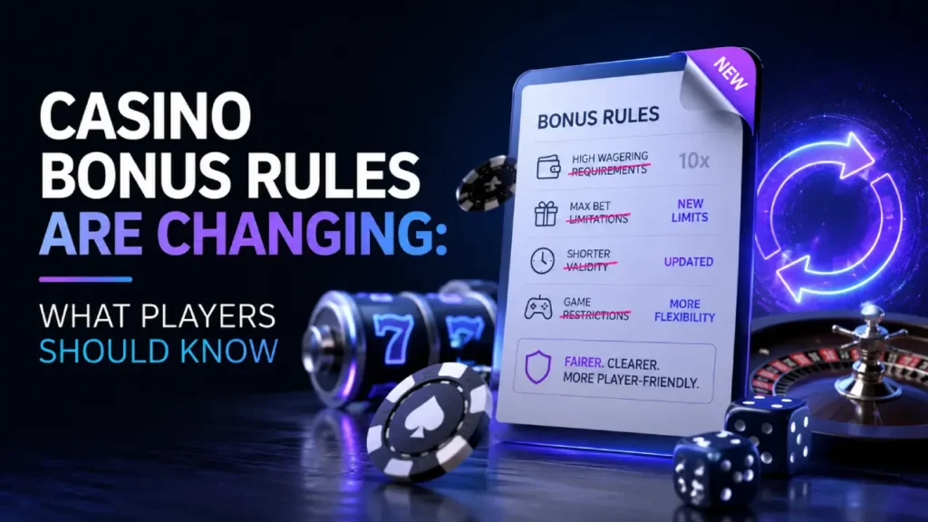 Casino bonus rules update showing changes to wagering requirements, betting limits, bonus validity, and game restrictions.