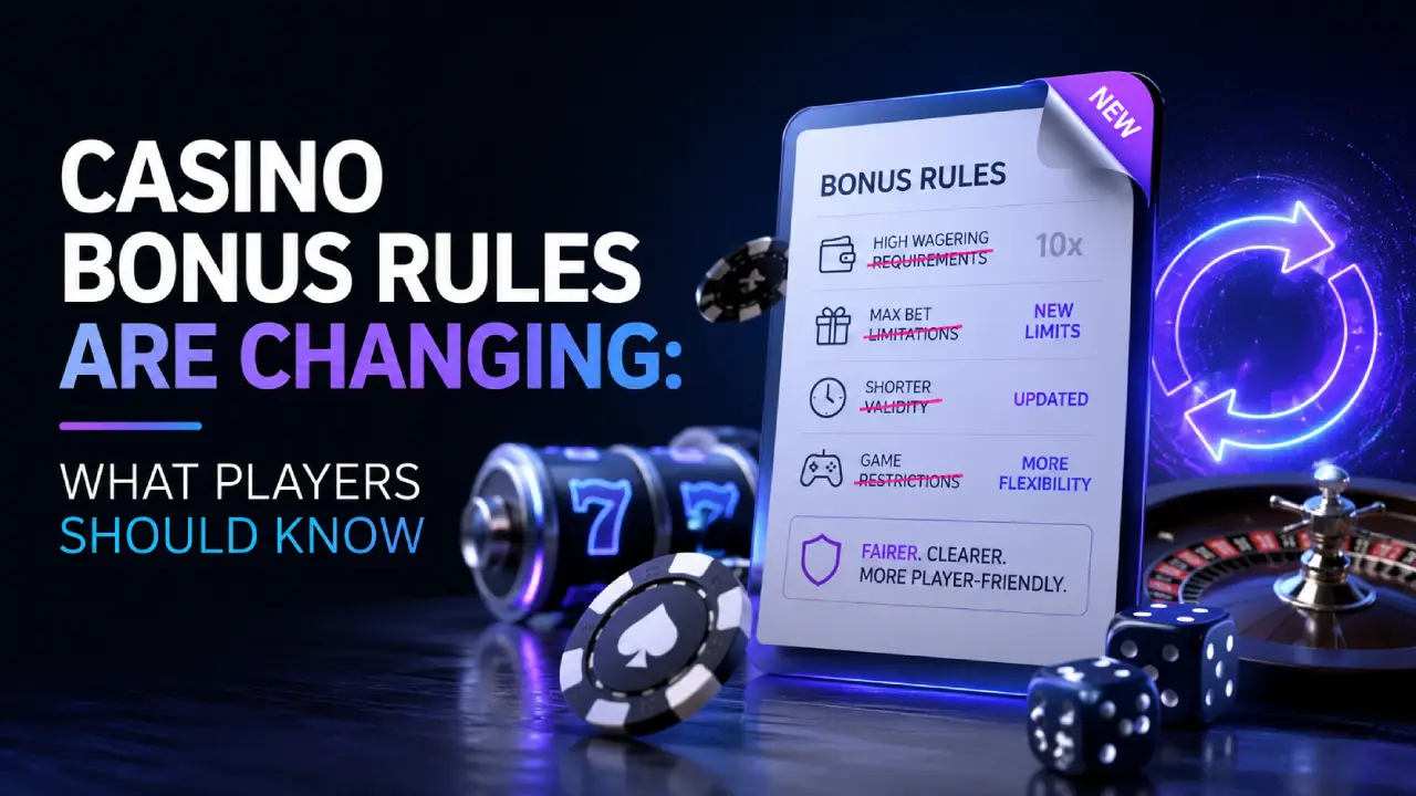 Casino bonus rules update showing changes to wagering requirements, betting limits, bonus validity, and game restrictions.