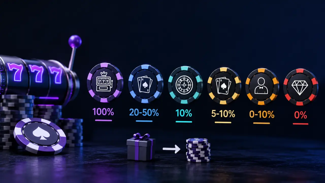 Casino game contribution rates showing slots at 100%, video poker at 20–50%, roulette at 10%, blackjack at 5–10%, live dealer games at 0–10%, and jackpots at 0%.