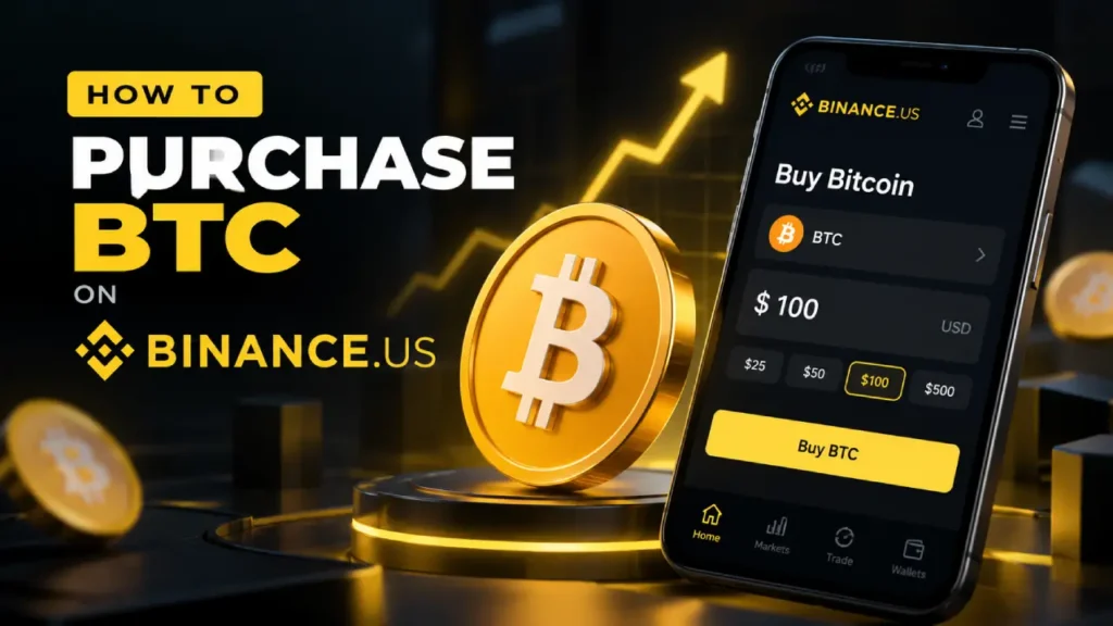 Modern illustration showing how to purchase BTC on Binance.US with a Bitcoin coin and Binance.US buy screen.